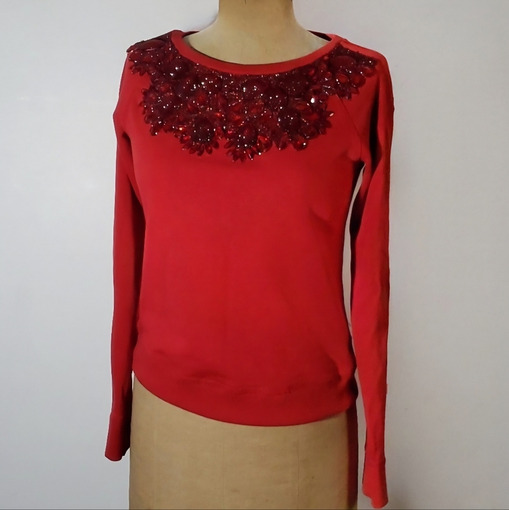 Needle & Thread S/M Sweatshirt Glisten Zip Crew Red 100% Cotton Terry Handcraft